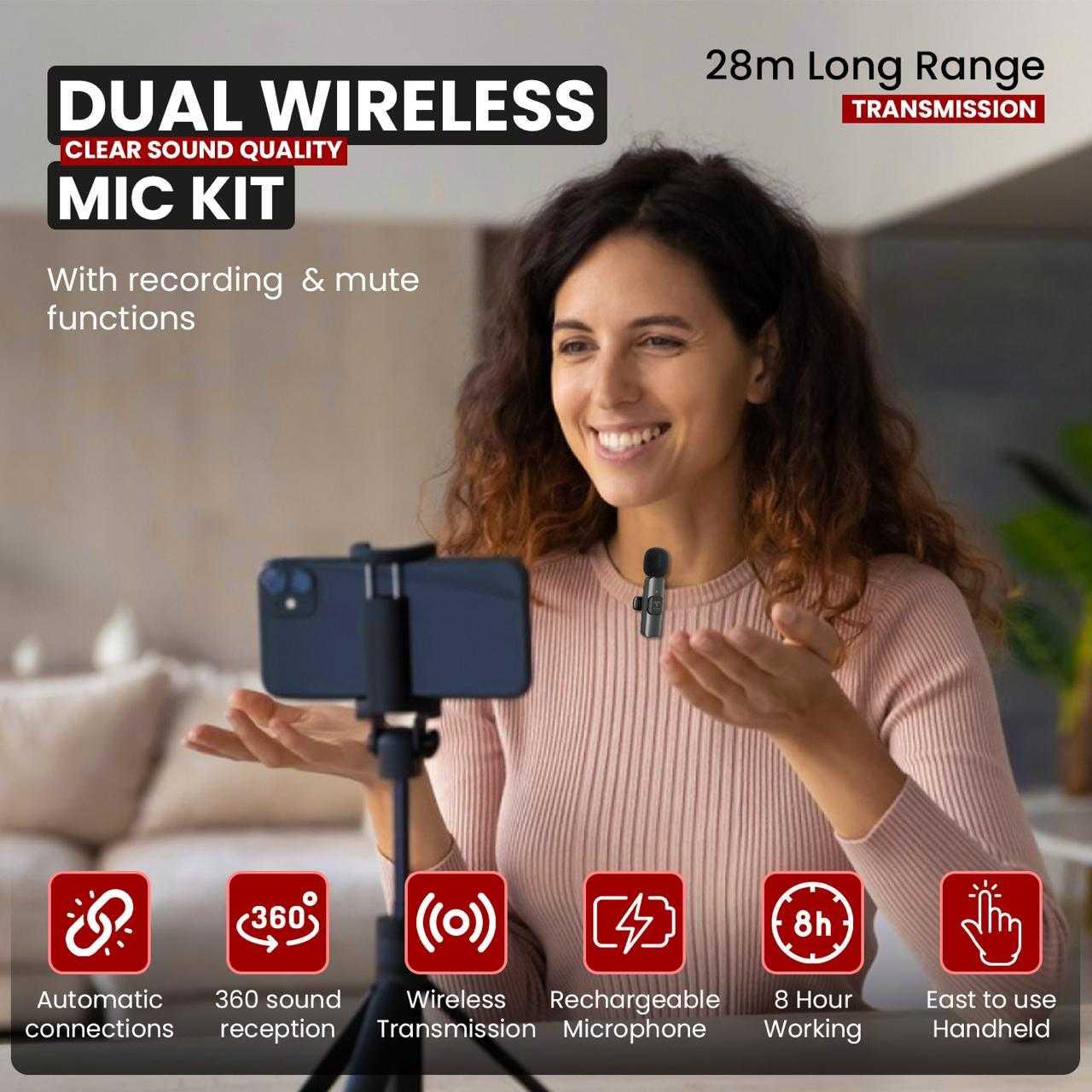 Dual wireless lavalier microphone kit with FlexiMic for clear sound and recording, featuring wireless transmission and mute functions.