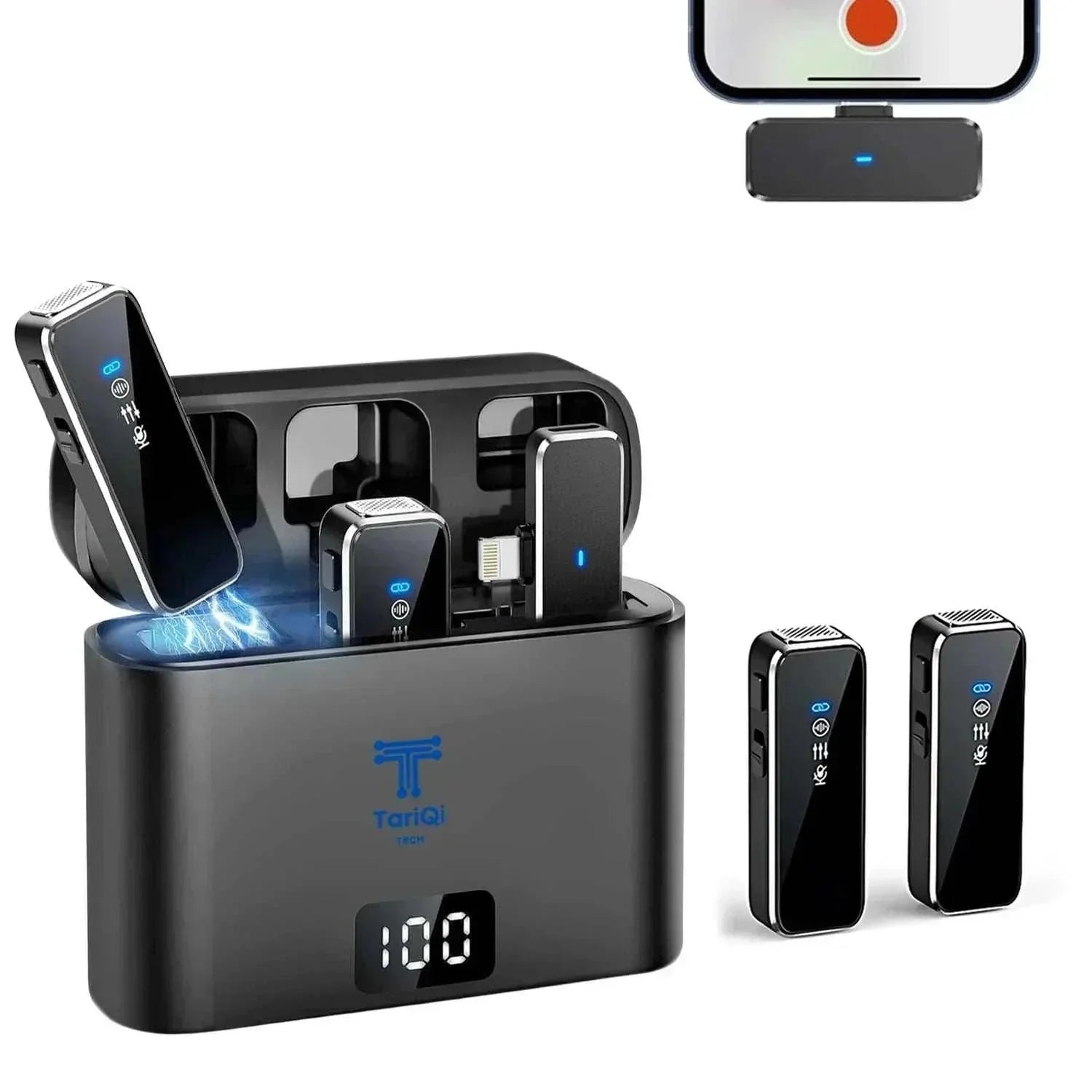Wireless Lavalier Microphone MicroGlide by TariQi Tech with 2.4G transmission and battery charging case.