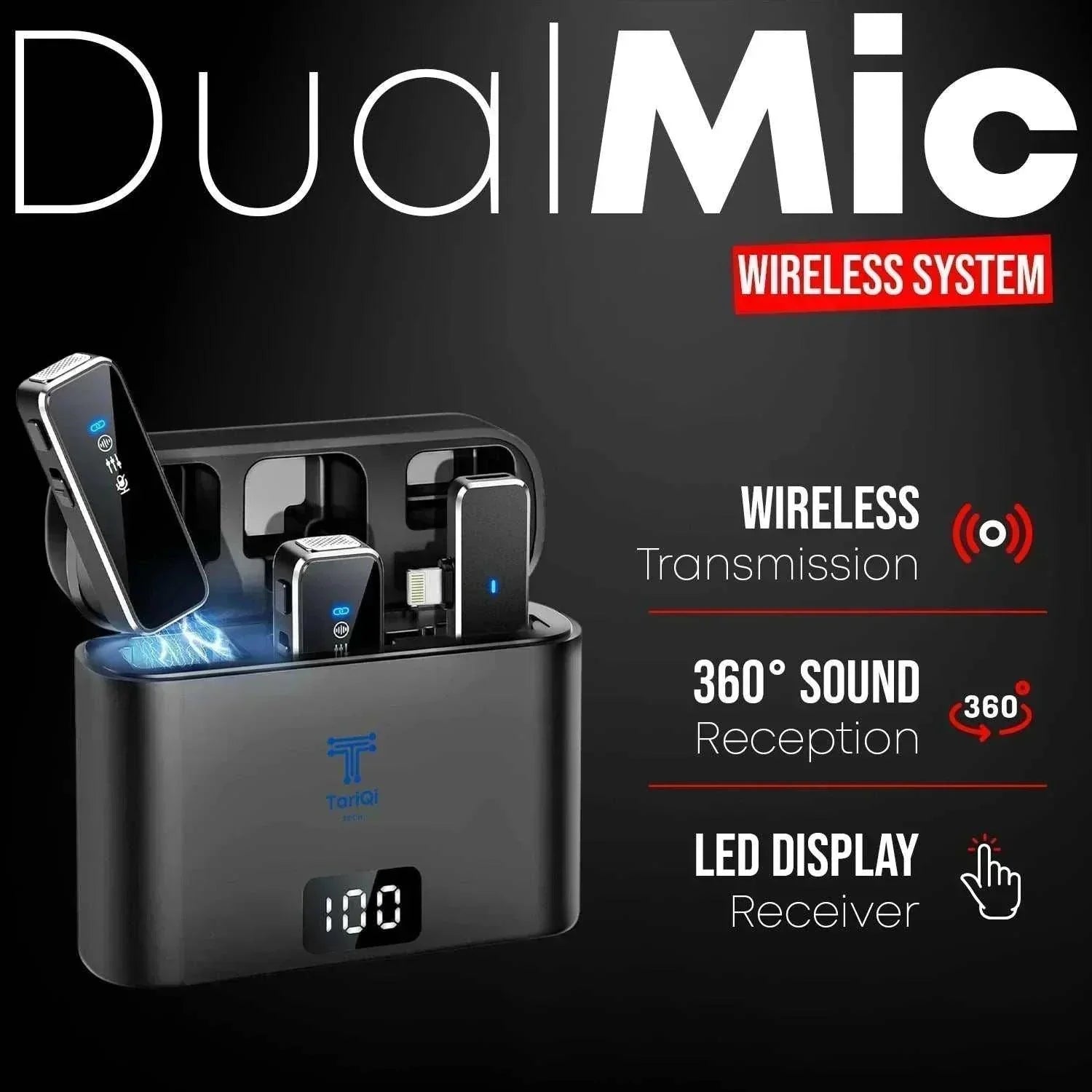 Dual wireless lavalier microphone system with LED display receiver and 360° sound reception.