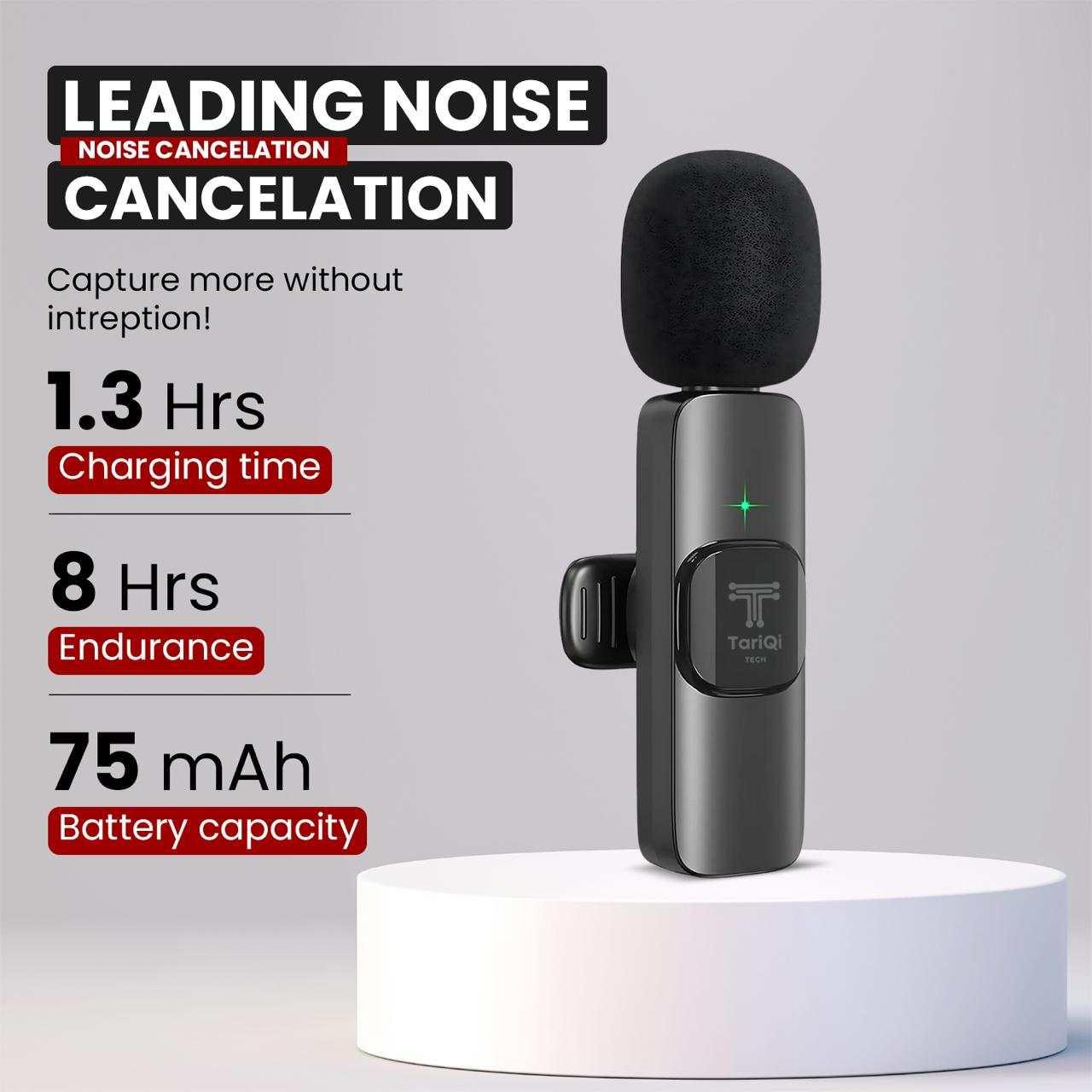 Compact FlexiMic featuring noise cancellation, 1.3-hour charging, and 8-hour battery life.