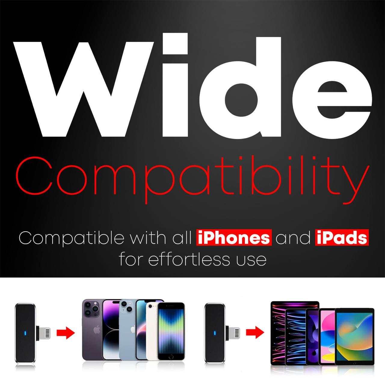 Wireless Lavalier Microphone; MicroGlide compatibility with iPhones and iPads for seamless use.